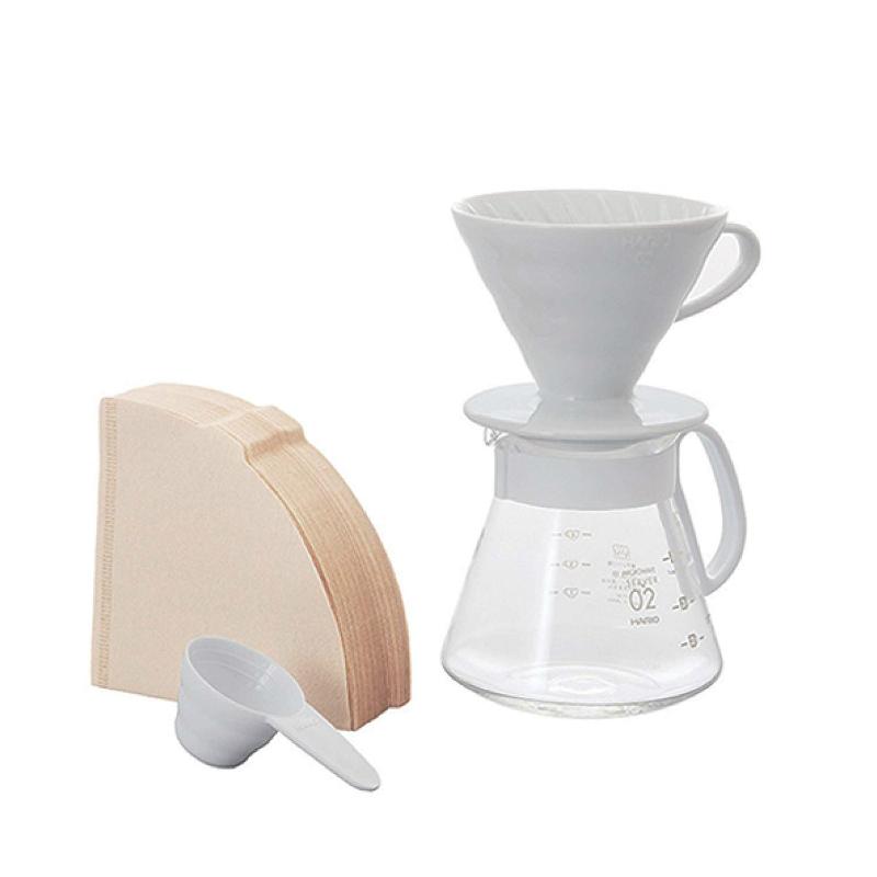 HARIO V60 02 Classic White Ceramic Dripper Coffee Pot Set Ceramic Dripper Set (1-4 Cups) XVDD-3012W